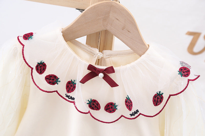 Baby girl apricot cotton shirt with strawberry embroidery, puff sleeves, and front bow patch — view 3