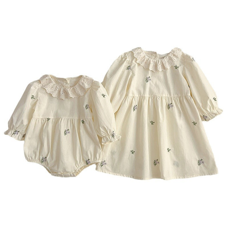 Floral sister matching outfit set with green and beige baby bodysuit and girl's dress — view 4