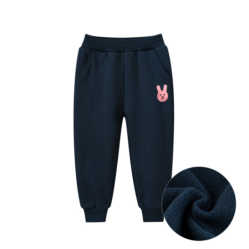 Girls winter fleece leggings in pink featuring cute cartoon rabbit and teddy bear print designs — view 3