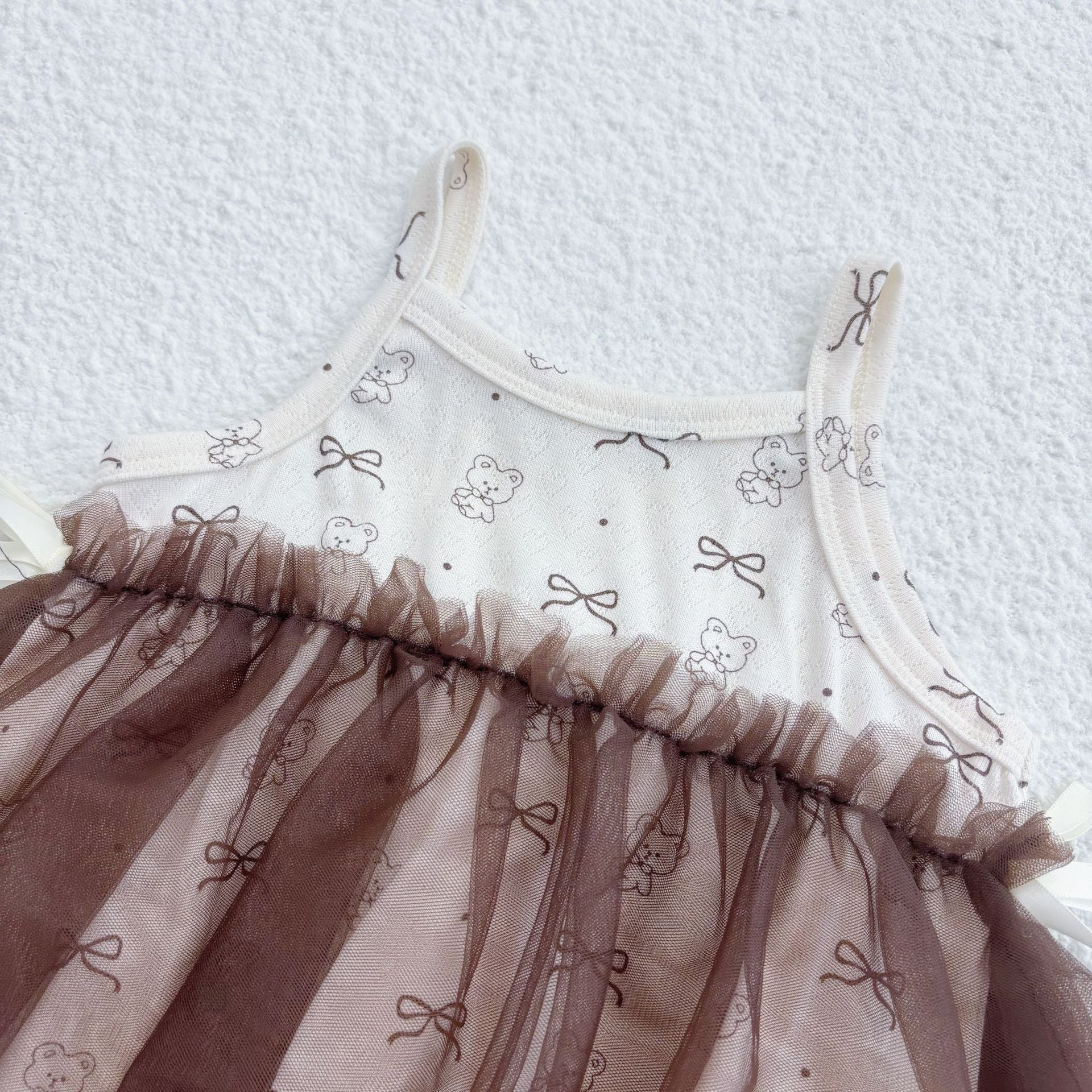 Beige sleeveless baby girl bodysuit featuring a cute teddy bear pattern in soft cotton blend — view 4