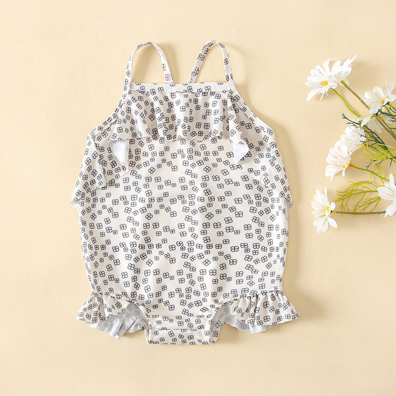 Baby girl floral print sling swimsuit bodysuit with delicate lace detail in earth tones — view 3