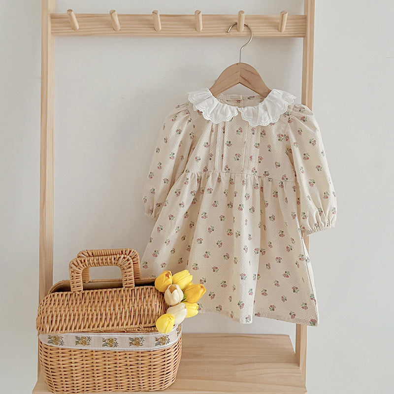 Floral baby doll collar dress set in pink and beige cotton blend for toddler — view 2