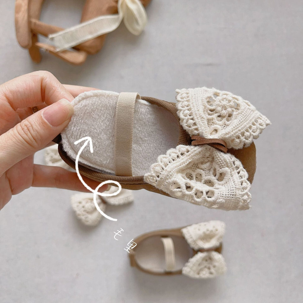 Beige and coffee baby girl toddler walking shoes with a sweet bow and hollow-out design — view 2