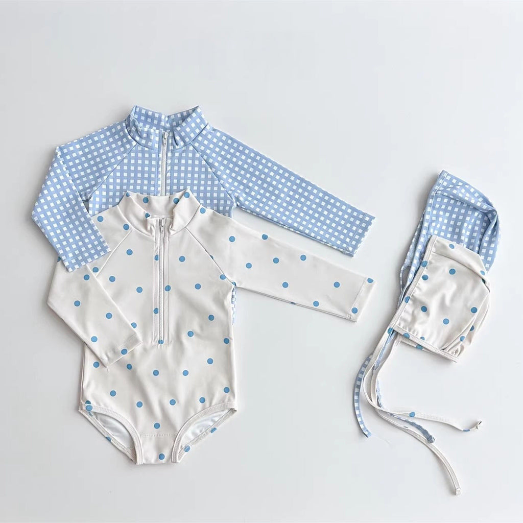 Kids long-sleeve rash guard swimsuit and matching swim cap in blue plaid and polka dots — view 4