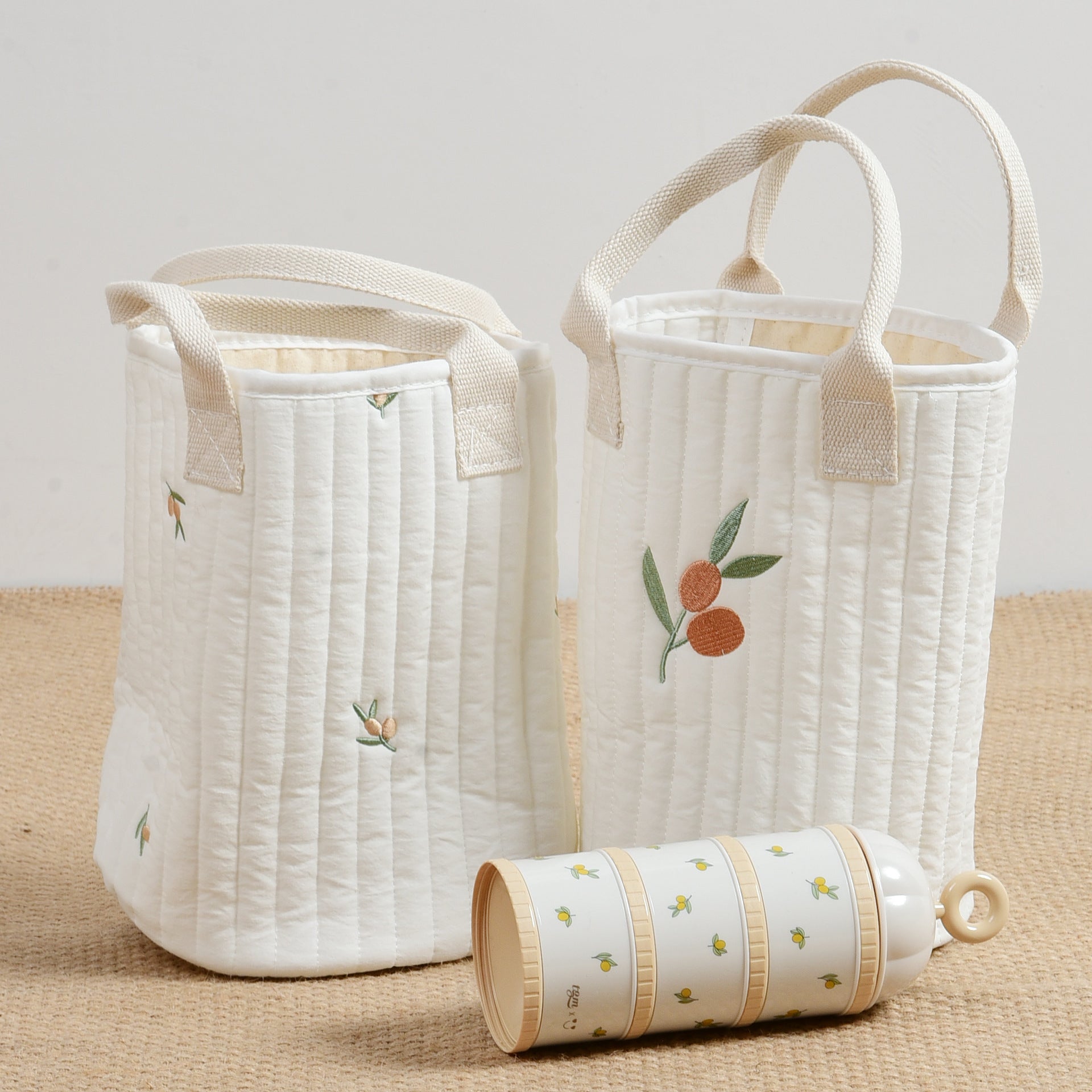 Embroidered cotton mommy handbag with adjustable straps and multiple baby bottle storage compartments. — view 3