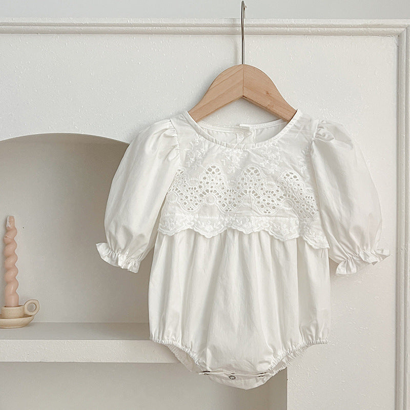 White and ivory lace trim baby girl bodysuit and sister matching floral dress set — view 3