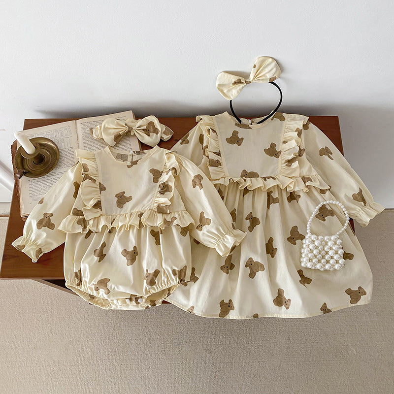 Autumn sister matching set featuring cotton teddy bear bodysuit and dress in beige and apricot tones — view 2