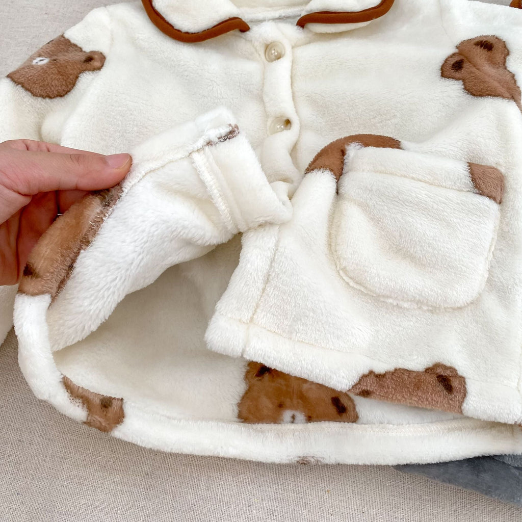 Fluffy warm boys winter pajama set with cute teddy bear pattern top and matching pants — view 5