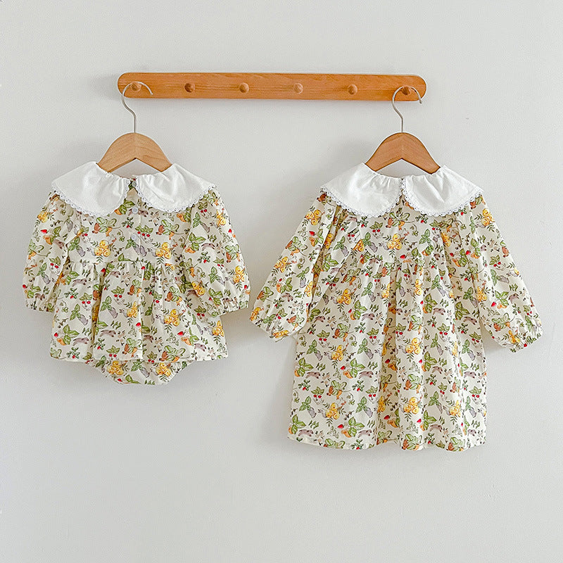 Floral doll neck dress bodysuit in soft cotton, white and yellow long sleeve baby girl outfit — view 3