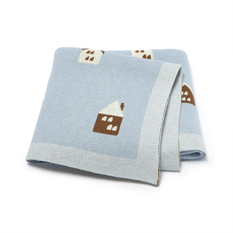 Soft cotton knitted baby blanket featuring a charming little house pattern for newborn nursery decor — view 2