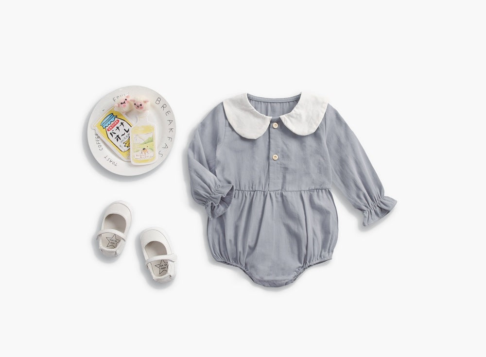 Solid pastel long sleeve baby girl bodysuit with doll collar and buttons in soft cotton — view 3