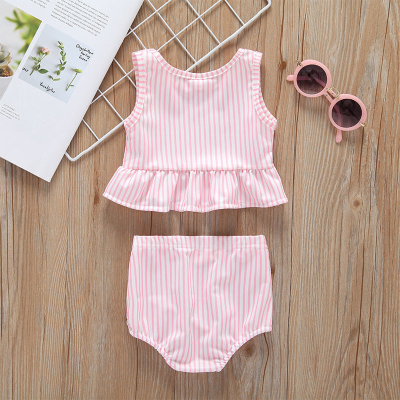 Baby girl striped ruffle one piece swimsuit with matching shorts combo in pink or blue — view 4