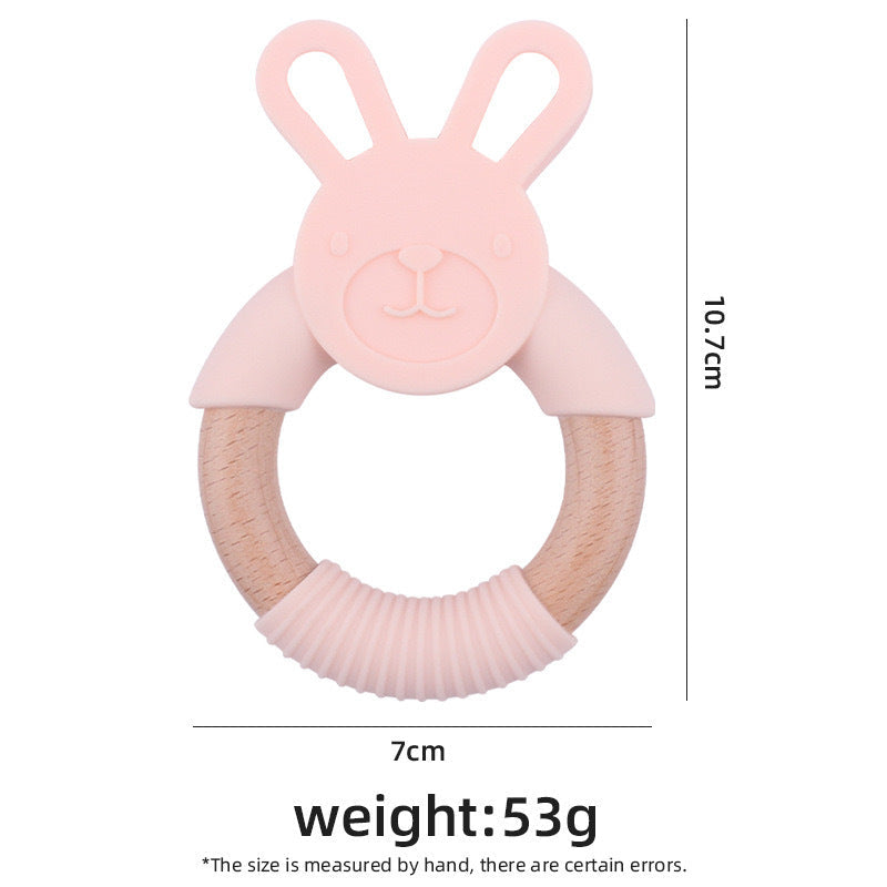 Wooden rabbit teething rattle with food-grade silicone beads in various colors for baby gum relief — view 4