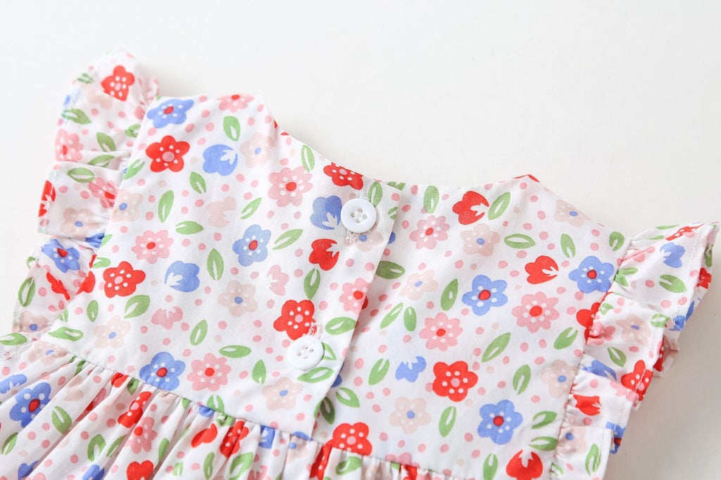 Pink floral baby girl sleeveless bodysuit dress with bow tie detail and round collar — view 4