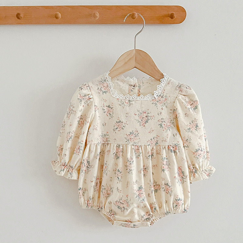 Square neck princess baby dress in white cotton with elegant embroidered floral details — view 4