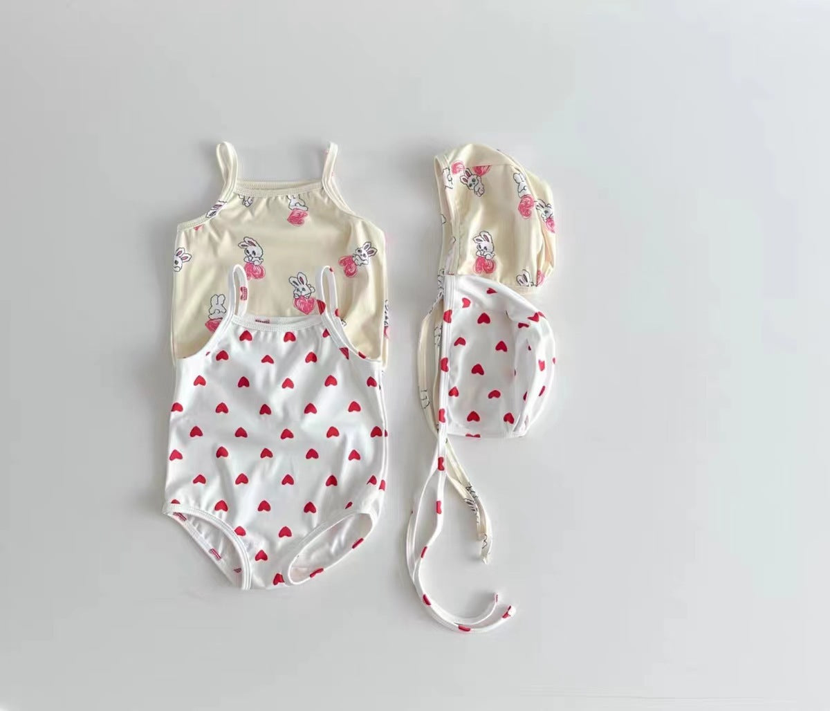 Girls hearts and cartoon swimwear set in white and apricot with matching quick dry sun hat — view 5