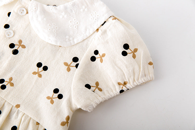 Baby girls cherry print bodysuit in apricot cotton with doll collar and puff sleeves — view 4
