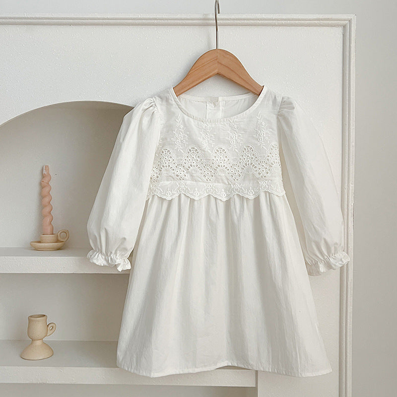 White and ivory lace trim baby girl bodysuit and sister matching floral dress set — view 4