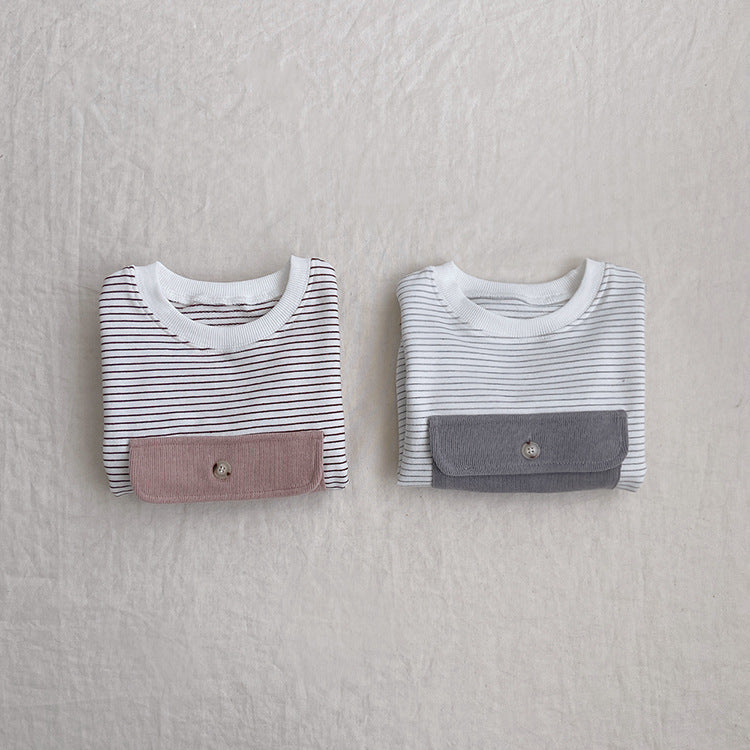Baby girl striped pattern newborn bodysuit with a large front pocket in soft breathable cotton fabric — view 3