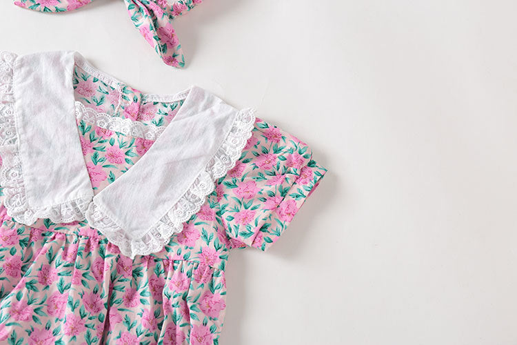 Purple floral print baby girl bodysuit with a delicate lace collar and short sleeves in cotton — view 4