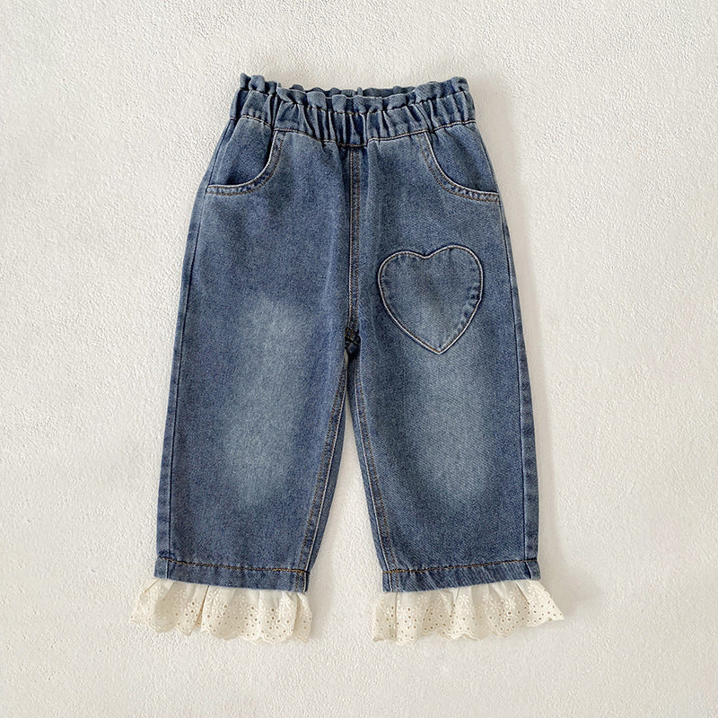 Girls lace patchwork denim pants with heart pattern and color-blocking in light blue cotton blend. — view 2