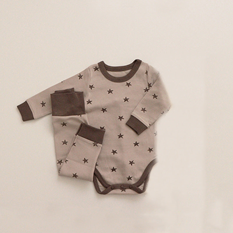 Baby star and moon graphic cotton bodysuit and thermal pants set in khaki and apricot. — view 4
