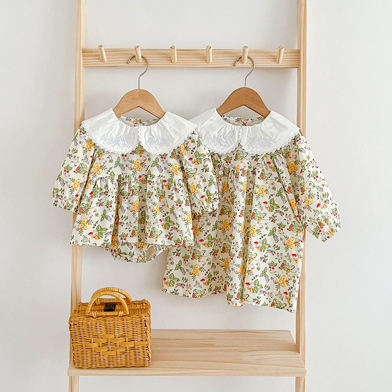 Floral doll neck dress bodysuit in soft cotton, white and yellow long sleeve baby girl outfit — view 4