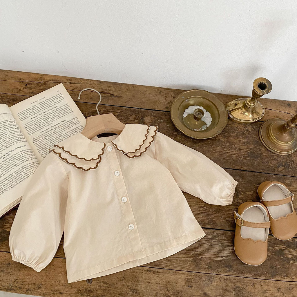 Baby girl solid color doll neck shirt strap cotton bodysuit in khaki and brown — view 4