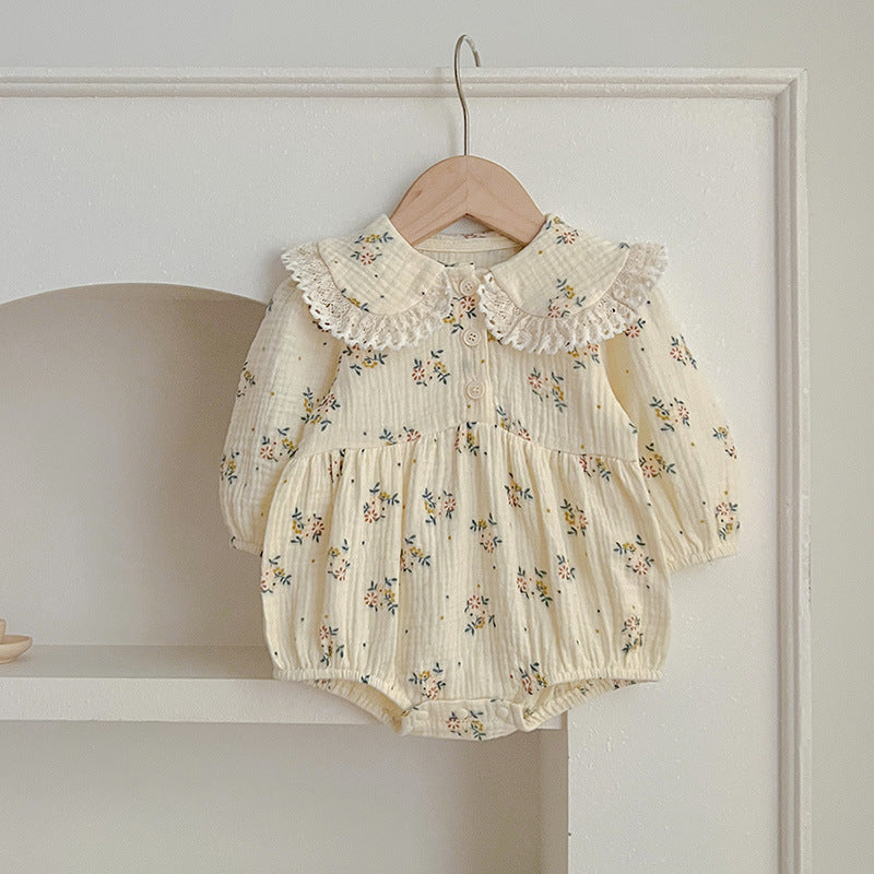 Baby girl lace collar bodysuit and floral pattern dress in pink and beige cotton blend — view 4