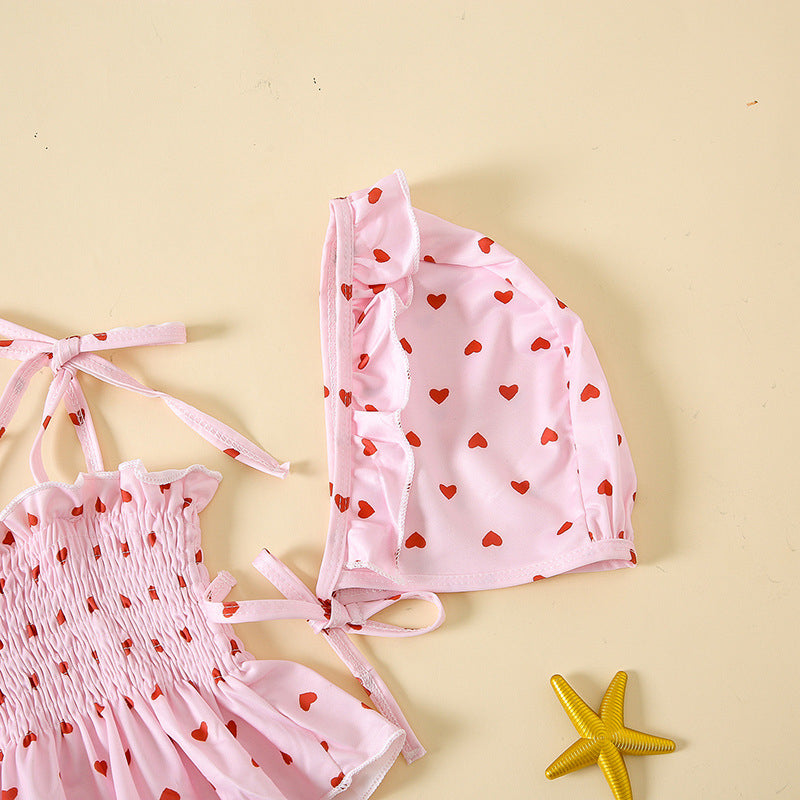 Girls heart pattern swimwear set in bright pink featuring a comfortable quick-drying two-piece toddler swimsuit — view 4