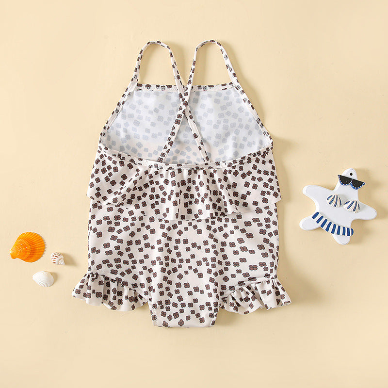 Baby girl floral print sling swimsuit bodysuit with delicate lace detail in earth tones — view 4