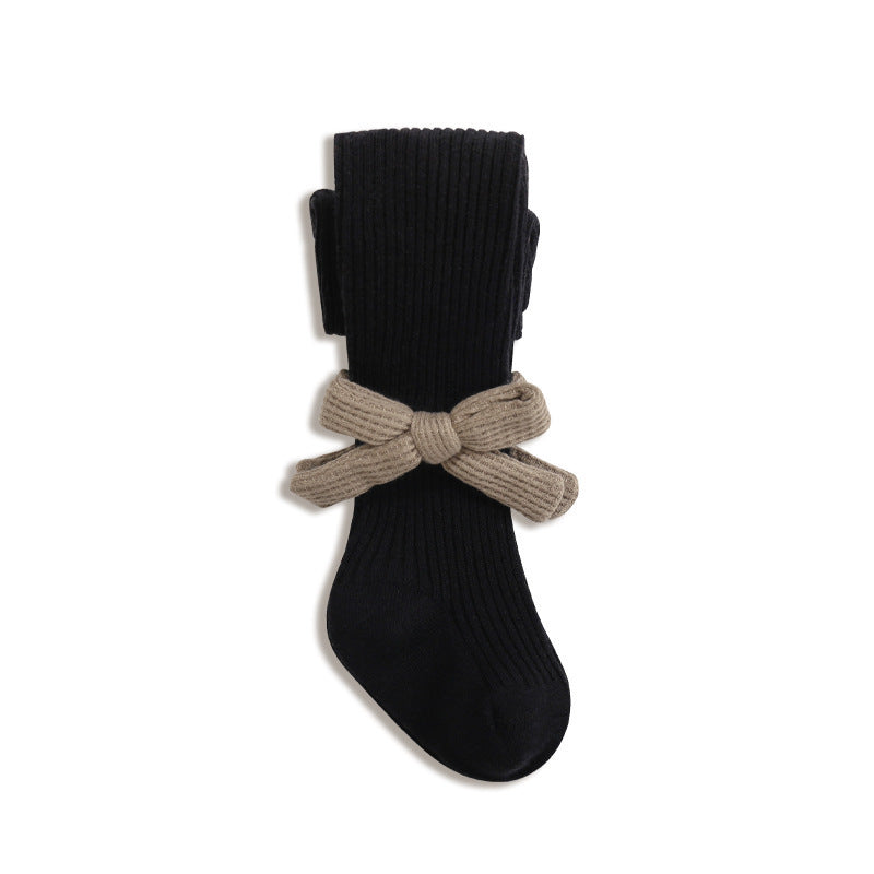 Baby girls knit bow pantyhose in solid color with striped texture and charming side details. — view 4