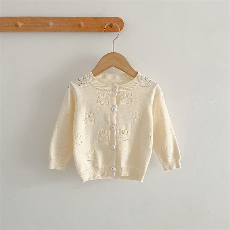 Lightweight solid color cotton knit baby cardigan with long sleeves for gentle summer sun protection — view 4