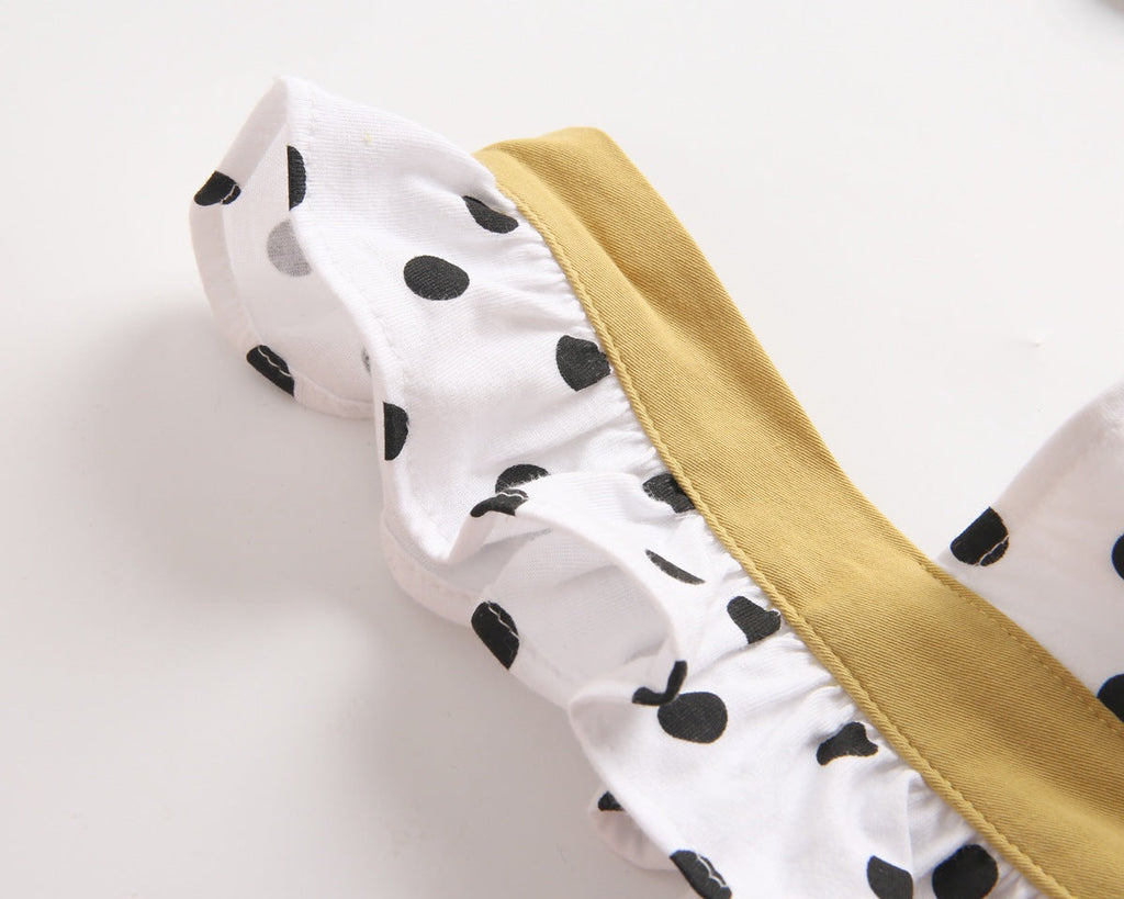 Yellow polka dot baby girl bodysuit with fly sleeves and back straps in soft cotton — view 4