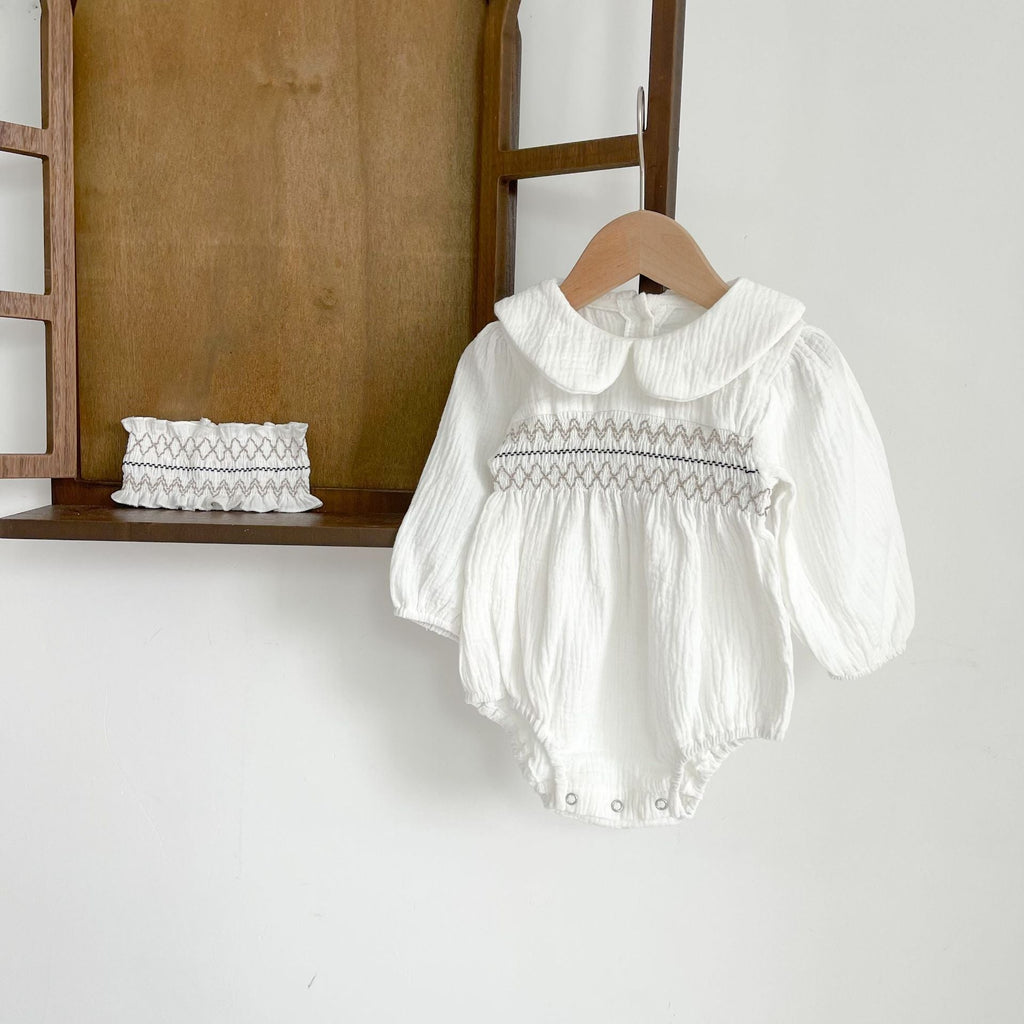 Baby girl floral print long sleeve cotton bodysuit with a vintage doll collar in pink — view 3
