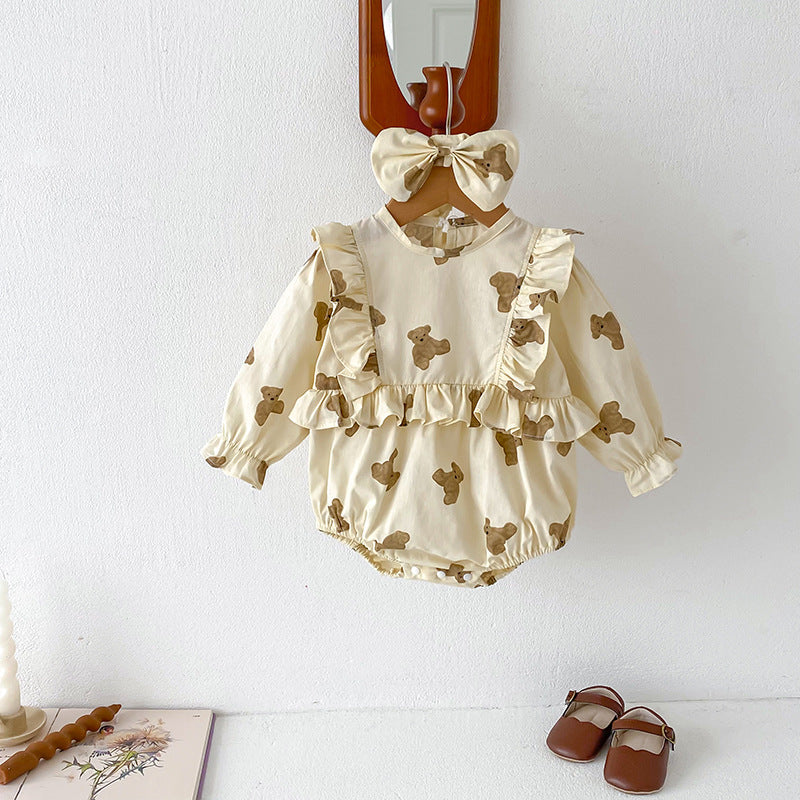 Autumn sister matching set featuring cotton teddy bear bodysuit and dress in beige and apricot tones — view 3