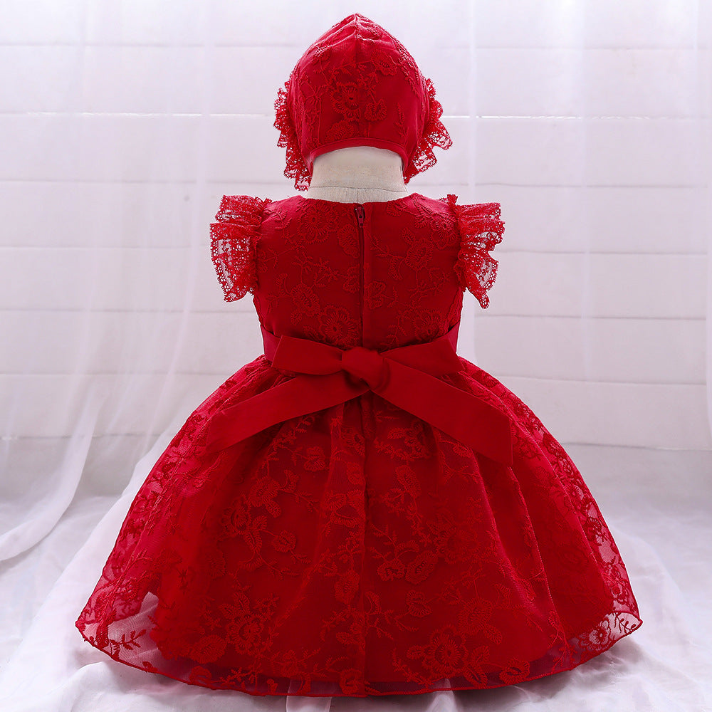 Baby girl formal dress in white or red with mesh overlay and matching hat — view 4