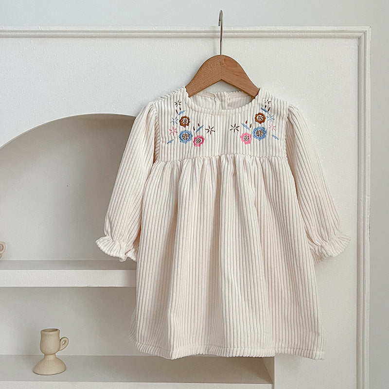 Floral embroidered baby dress in soft white cotton with long sleeves for little girls. — view 4