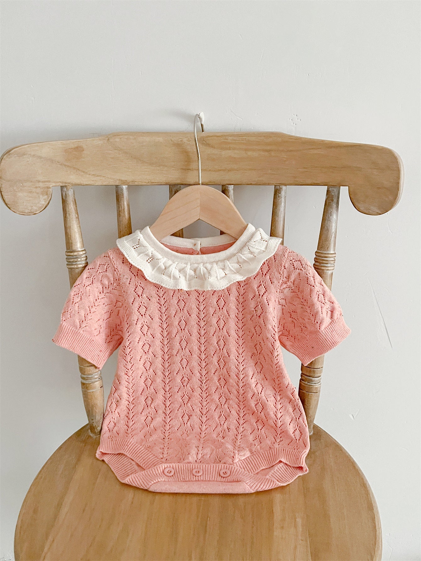 Arrival Summer Baby Kids Girls Knitted Ruffled Collar Hollow Out Short Sleeves bodysuit