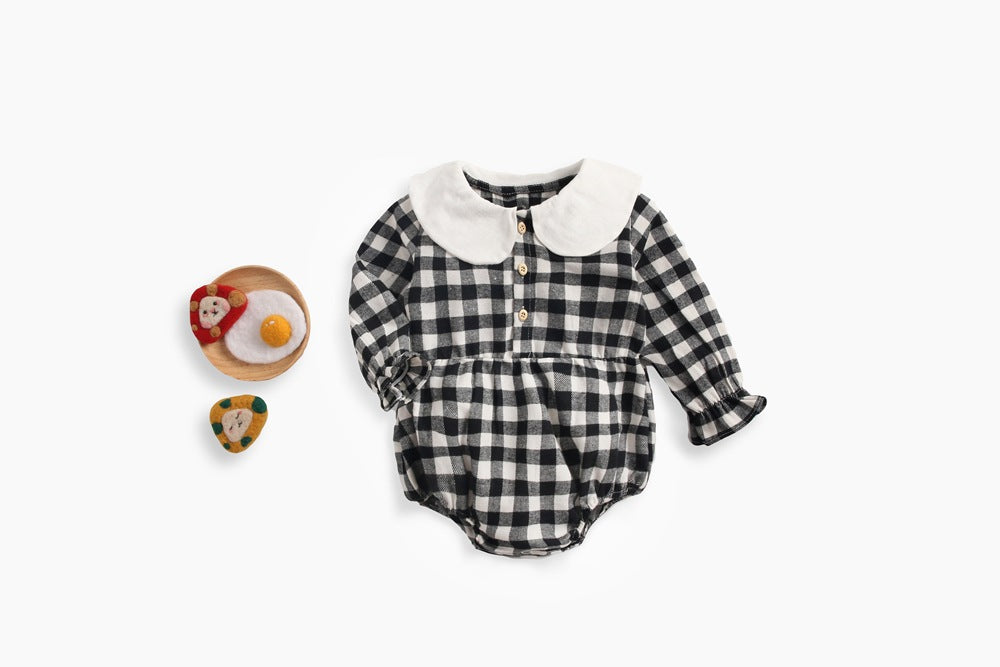 Baby girl long sleeve cotton bodysuit in classic plaid pattern with delicate doll collar. — view 4