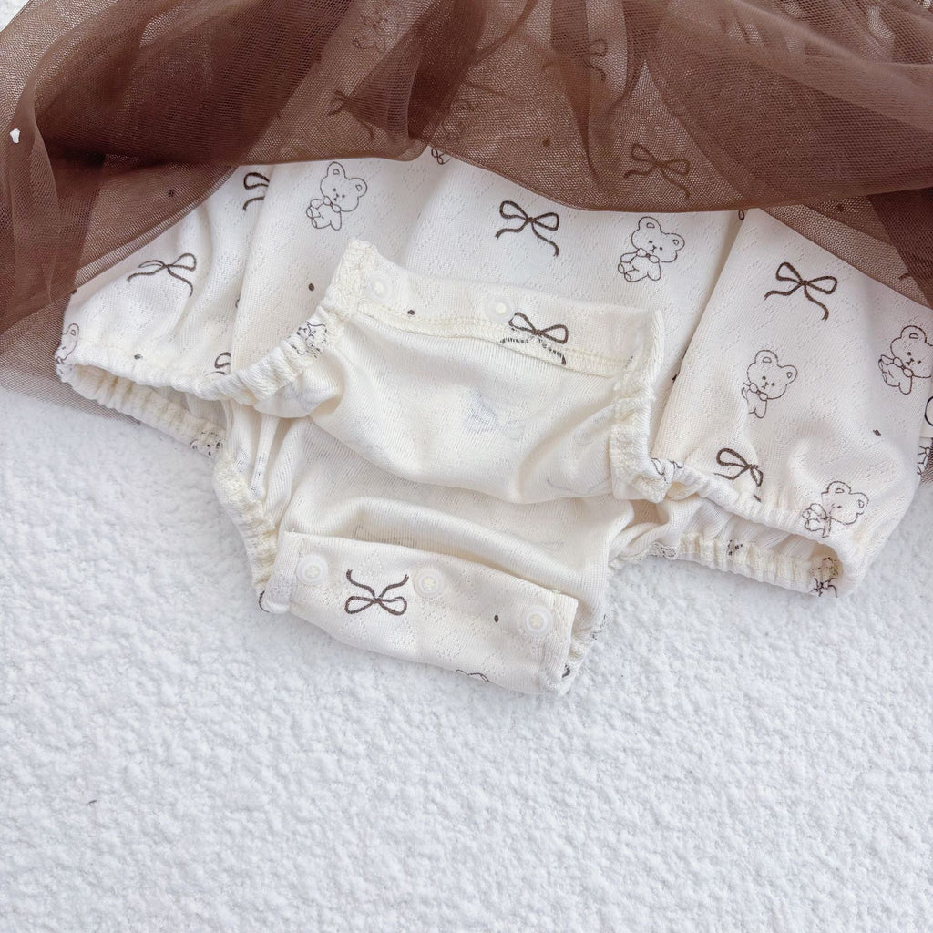 Beige sleeveless baby girl bodysuit featuring a cute teddy bear pattern in soft cotton blend — view 3