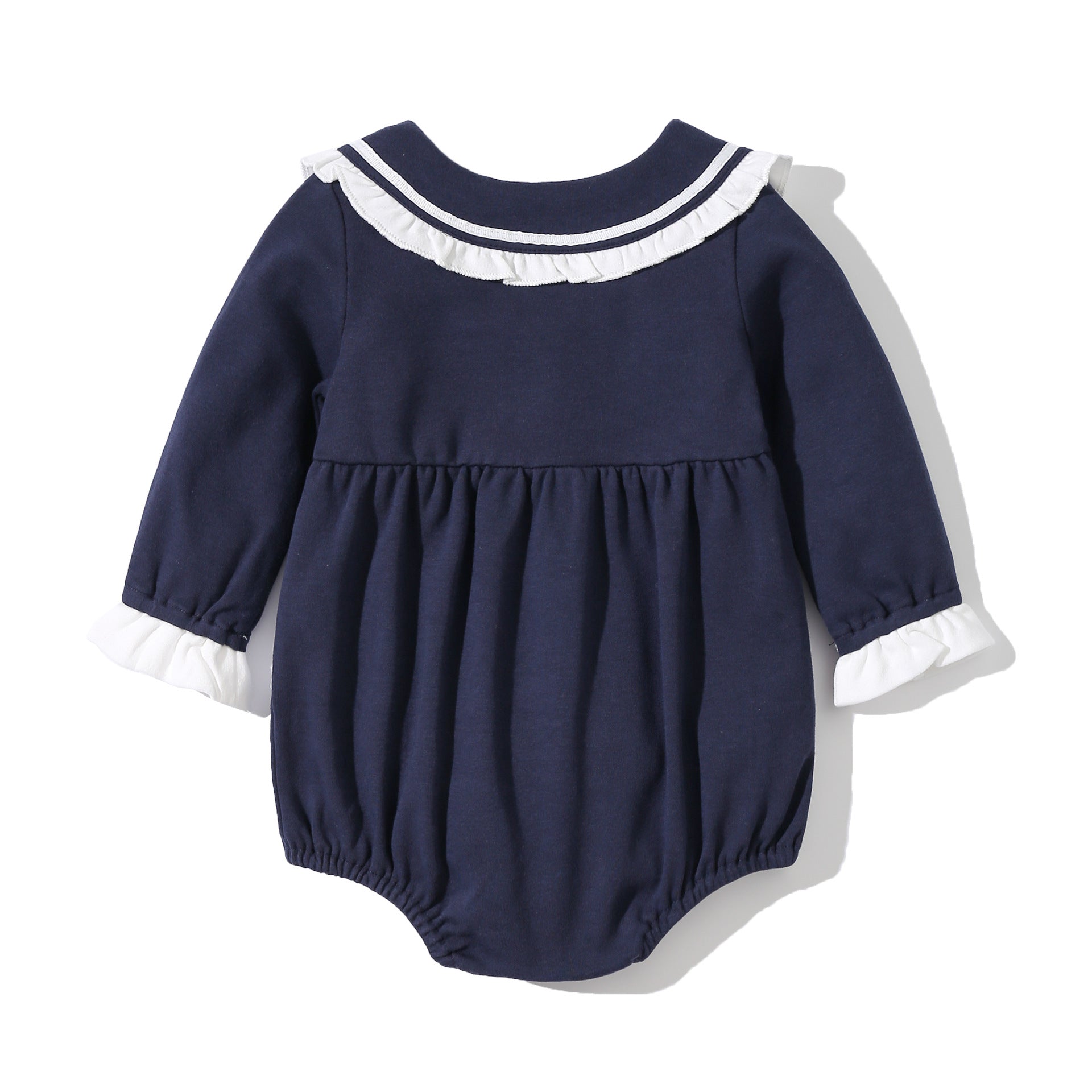 Baby girl sailor bodysuit in white and navy blue with a playful tie-dye patched design — view 4