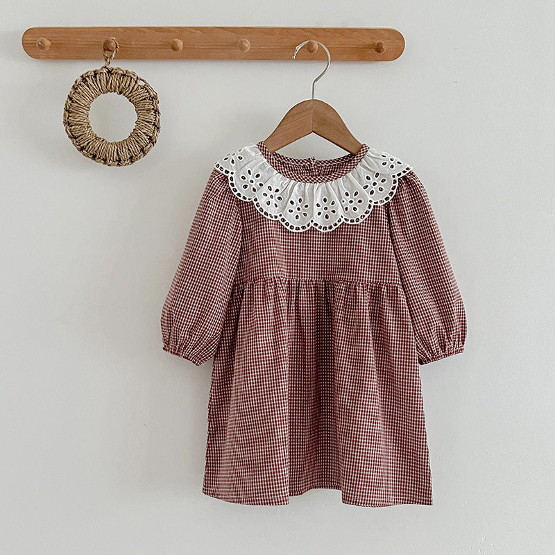 Red and brown plaid long sleeve baby bodysuit dress featuring a white fashion lace collar. — view 4