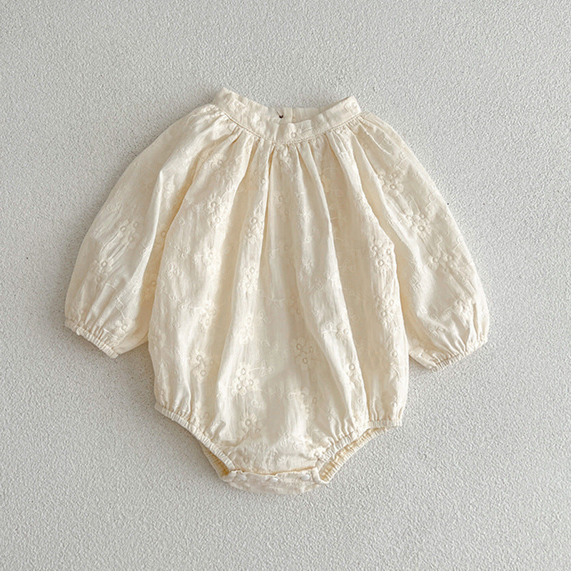 Floral baby girl bodysuit dress in neutral tones with round neckline and snap button bottom closure — view 4