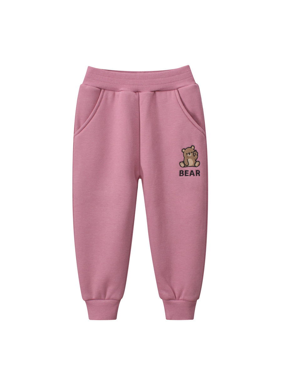 Girls winter fleece leggings in pink featuring cute cartoon rabbit and teddy bear print designs — view 4
