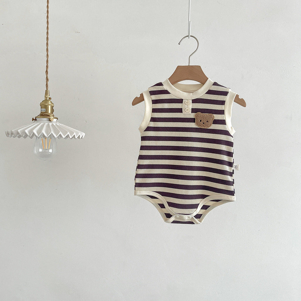 Unisex sleeveless baby bodysuit featuring a striped pattern and teddy bear motif in soft cotton. — view 4