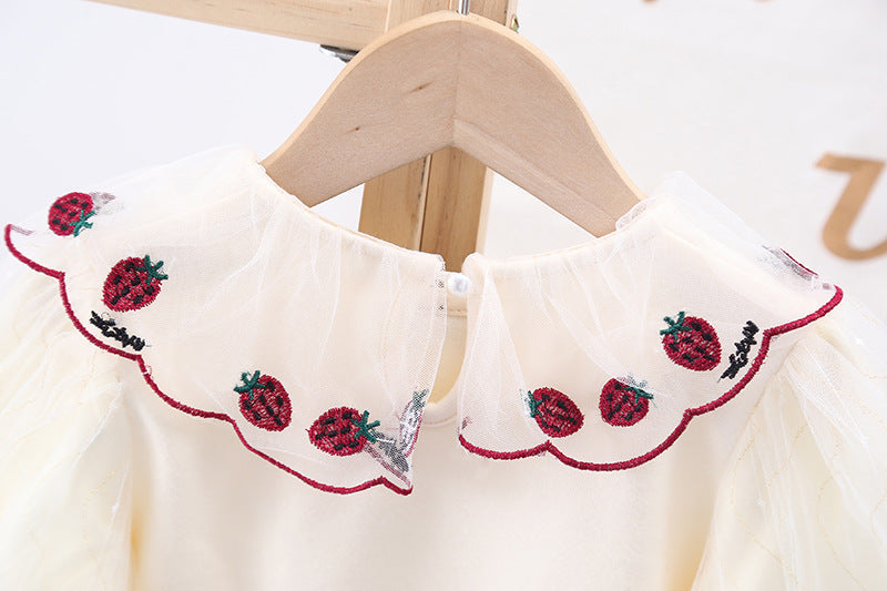 Baby girl apricot cotton shirt with strawberry embroidery, puff sleeves, and front bow patch — view 4