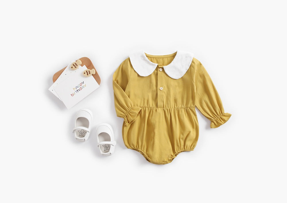 Solid pastel long sleeve baby girl bodysuit with doll collar and buttons in soft cotton — view 4