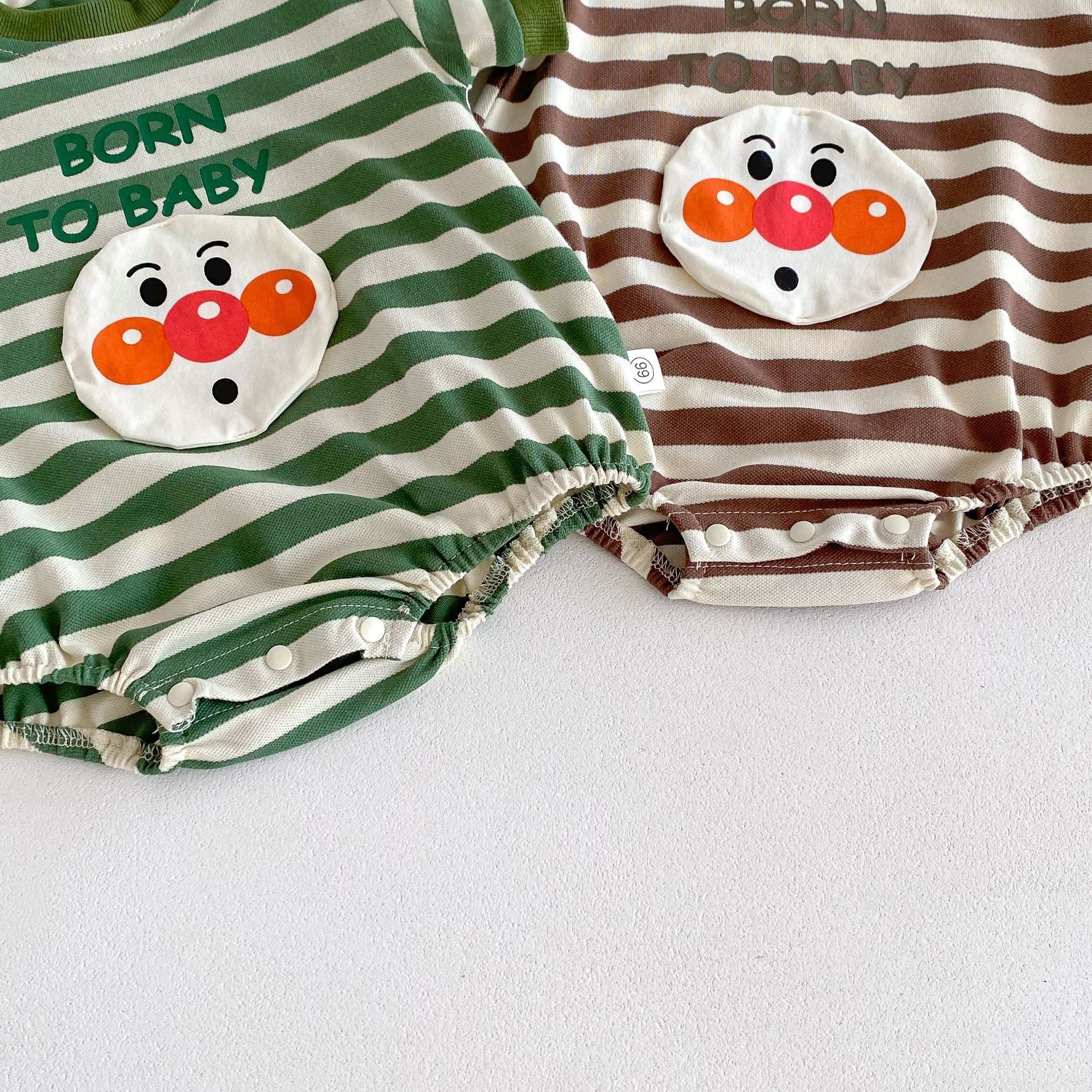 Unisex striped baby bodysuit with playful joker pattern short sleeves and soft breathable cotton fabric — view 5