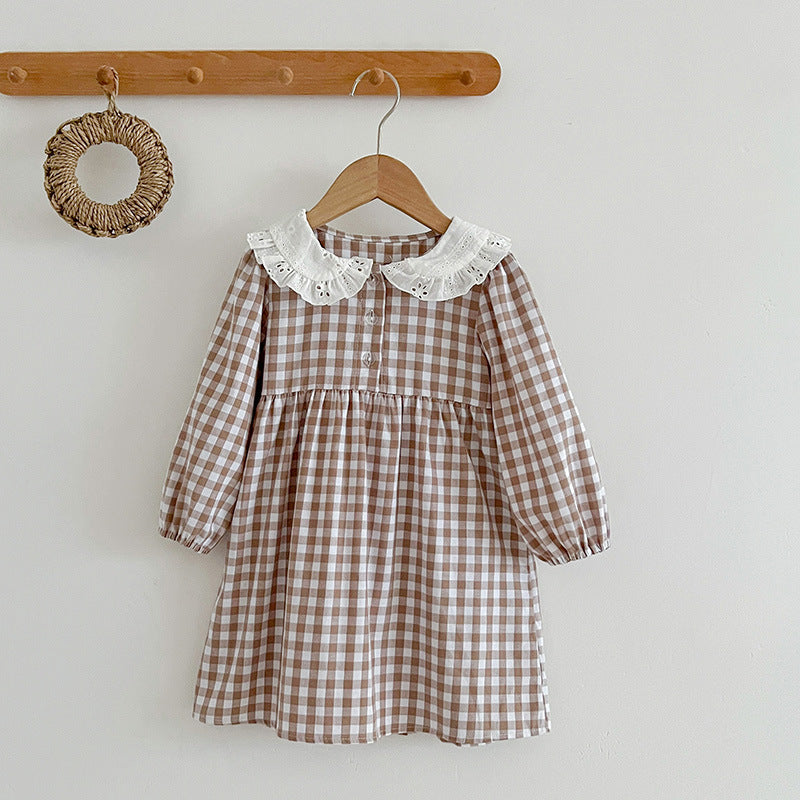 Plaid doll neck baby bodysuit in brown and white cotton with cozy long sleeves. — view 3
